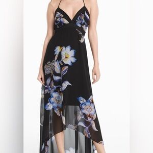 New with tags, White House Black Market, Size 8, floral hi lo dress, black/blue